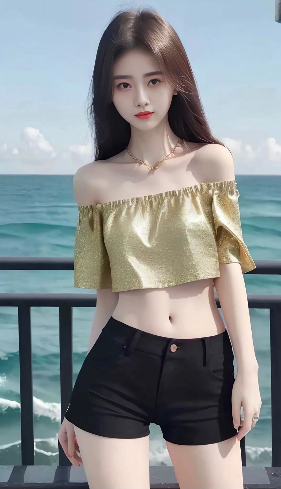 Ai 美女绘画：青春女生海边玩摄影